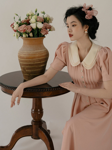 法式复古宫廷风高级感收腰浪漫藕粉色连衣裙女夏温柔显瘦质感裙子