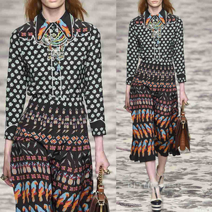 大牌米兰站 秋冬时装周走秀同款女装 名媛孔雀羽毛印花翻领连衣裙