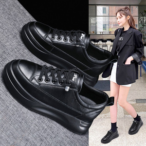 真皮小黑鞋女2021新款冬加绒英伦风内增高全黑女鞋上班厚底松糕鞋