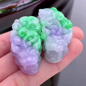 缅甸新款冰糯种春带彩紫罗兰貔貅小吊坠一对鉴定天然老翡翠玉挂坠