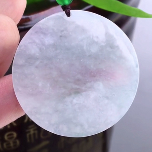 缅甸新款冰糯种白色雪花棉圆形无事牌小吊坠鉴定天然老翡翠玉挂坠