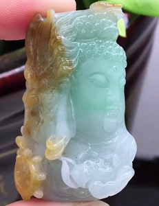 缅甸新款冰糯种双彩黄加绿色一念之间魔佛吊坠鉴定天然翡翠玉挂坠