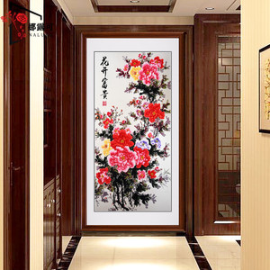 中式玄关装饰画竖版客厅走廊过道挂画壁画国画花开富贵图牡丹花画