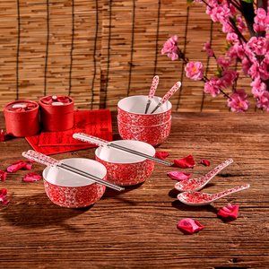 结婚陶骨瓷碗筷勺瓷勺甜羹碗套装礼盒红喜庆不锈钢中式餐具回礼