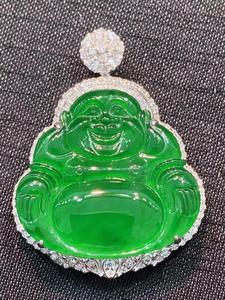 危料翡翠冰种辣绿佛公华翠珠宝18k金镶嵌天然危地马拉玉吊坠