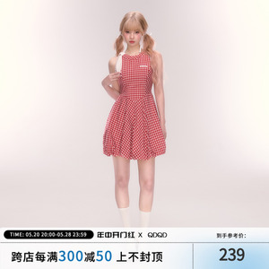 QDQD法式红色格子无袖连衣裙女夏季新款气质收腰甜美显瘦花苞裙子