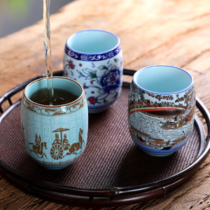 陶瓷小茶杯 怀旧品茶杯 青花小茶具 日式小酒杯 主人杯清明上河图