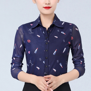 正品哥弟新款女装专柜正品牌2022年春秋蕾丝印花长袖碎花网纱衬衫