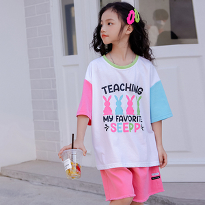 思贝秀女童短袖T恤洋气2023夏季女大童9-11周岁卡通印花宽松上衣