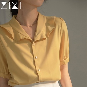 柠檬黄雪纺短袖衬衫女夏季荷叶领正装上衣设计感小众通勤职业衬衣