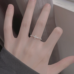 925纯银十字架戒指女小众设计高级开口素圈时尚个性食指环可调节