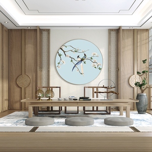 圆形花鸟独绣刺绣墙布入户玄关客厅沙发背景墙壁布新中式现代风格