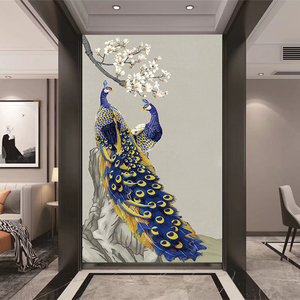 孔雀玄关独绣墙布客厅沙发电视背景墙壁布定制刺绣新中式高端花鸟