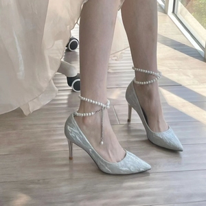 银色高跟鞋女细跟2023新款18岁成年礼服婚纱伴娘鞋水晶婚鞋新娘鞋