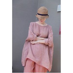 中国风素衣佛系禅服女装民族风亚麻禅意茶服上衣居士服套装藕粉色