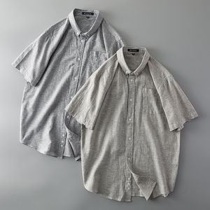 棉麻条纹短袖衬衫男日系休闲夏季薄款外套外贸出口款男装亚麻衬衣
