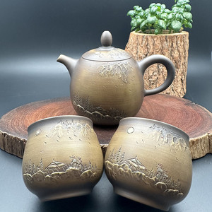 台湾陶艺名家 张世奇 纯手工窑变茶壶 堆泥山水茶壶 一壶二杯套组