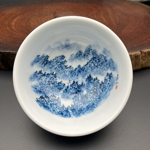 台湾故宫名家 刘溪北老师 手绘陶瓷茶杯 山水 诗词 荷花 金鱼竹子