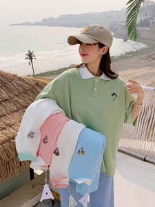 夏季新品女韩版休闲女式短袖T恤卡通字母印花翻领中长款上衣al25