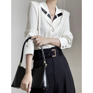 belin 设计感白衬衫女秋法式复古拼接缎面西装领长袖垂感衬衣上衣