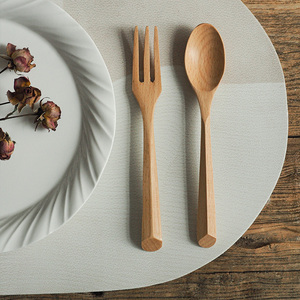 索厨日式榉木叉勺套装家用甜品木叉勺复古水果叉喝汤勺子木质餐具