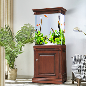 客厅实木美式鱼缸小型水族箱生态免换水超白大鱼缸家用底滤金鱼缸