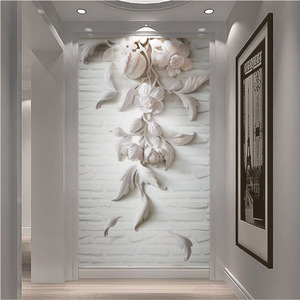 3d立体白色欧式浮雕砖玄关过道背景墙浪漫石膏雕花墙纸壁画