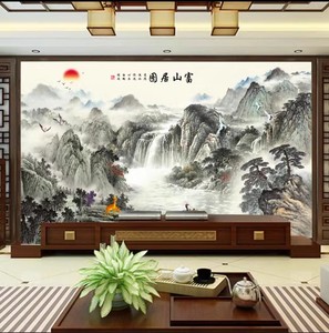 8d中式山水画墙纸办公室沙发无缝墙布壁画客厅电视背景墙壁纸装饰