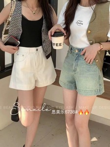 2024夏季韩版高腰A字简约百搭牛仔短裤女时尚宽松显瘦阔腿热裤潮