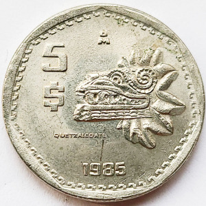 卡特神面具 墨西哥1980-1985年5比索銅镍硬币 27毫米 10.36克