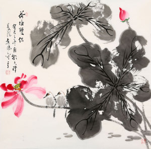 名家霍春阳花鸟字画斗方写意水墨荷花纯手绘书画名人国画作品收藏