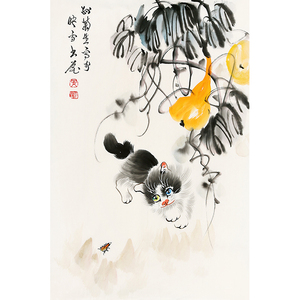 孙菊生字画名家精品二尺动物猫戏图手绘国画写意名人书画作品收藏