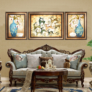 欧式油画客厅沙发后面装饰画挂画大厅招财美式壁画极有家三连简美