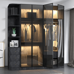 极简轻奢窄边铝合金钢化玻璃衣柜推拉门定制透明茶色酒柜门对开门