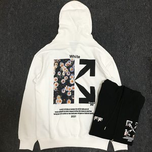 2021早秋新款欧美潮牌宽松箭头off印花小雏菊连帽卫衣女男ow