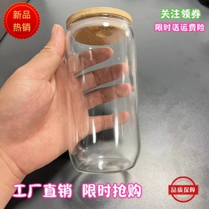 竖纹饮料杯亚马逊16oz易拉罐 20oz罐带竹木盖玻璃吸管 可乐杯