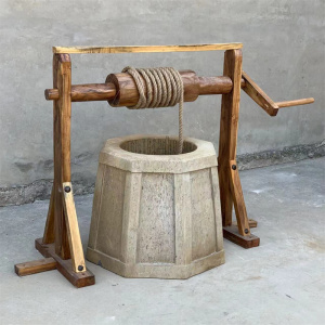 石雕井口木井架庭院水井辘轳青石复古古井盖八角井仿古井圈井沿石