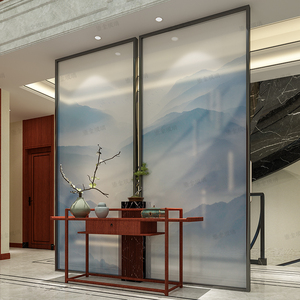 广东厂家直销 夹丝玻璃夹绢家用屏风隔断酒店工程意境水墨山水画