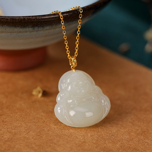 和田玉吊坠女镶18k金玉佛弥勒佛笑佛玉石单坠挂坠项链礼物送妈妈