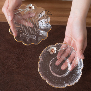 日式玻璃梅花杯垫茶杯托加厚功夫茶碟圆形隔热茶具配件透明干果碟