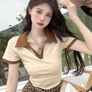 纯欲甜辣妹v领polo衫短袖t恤女ins潮夏季设计感小众修身短款上衣
