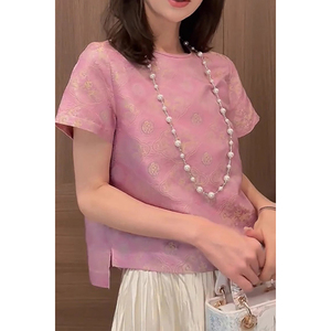 广州十三行女装爆款上衣粉色轻国风漂亮提花小衫短袖T恤洋气减龄