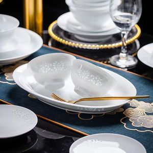 景德镇中式釉下彩白瓷陶瓷碗盘套装家用玲珑饭碗盘餐具高档白玲珑