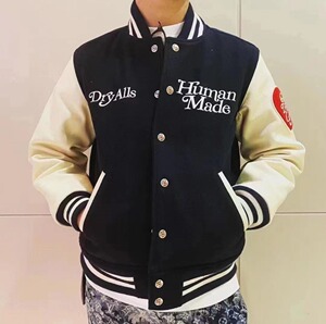 weslake 21aw human made 20aw皮袖棒球服真皮小牛皮爱心刺绣夹克