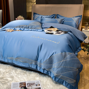 北欧风四件套纯棉全棉简约大气刺绣蓝色被套床笠现代轻奢床上用品