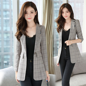 63194中长款格子小西装 显瘦商务便装外套bestbao秋上新款女士装