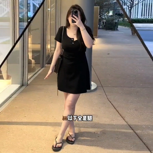 大码女装黑色连衣裙女夏季新款胖mm遮肚修身显瘦小个子小黑裙短裙