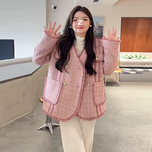 大码粉色小香风外套女春季胖mm显瘦名媛气质v领高级感别致上衣潮