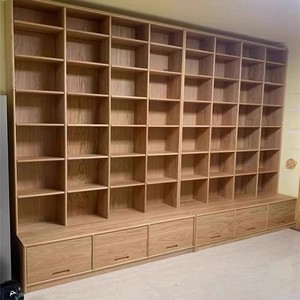 北欧定制红橡木原木客厅一体整面墙书柜展示柜全实木卡座储物书架