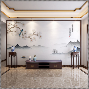 8d现代简约新中式花鸟电视背景墙壁纸客厅墙纸山水背景墙玉堂富贵
